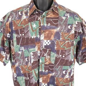 Vintage Abstract Camp Shirt Mens Size Medium 90s All Over Print Relaxed Fit